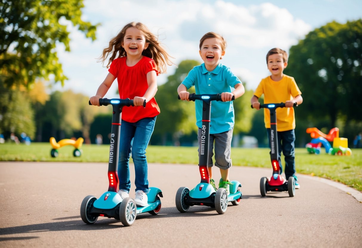 Children play with electric scooters and outdoor toys in a sunny park laughing and having fun